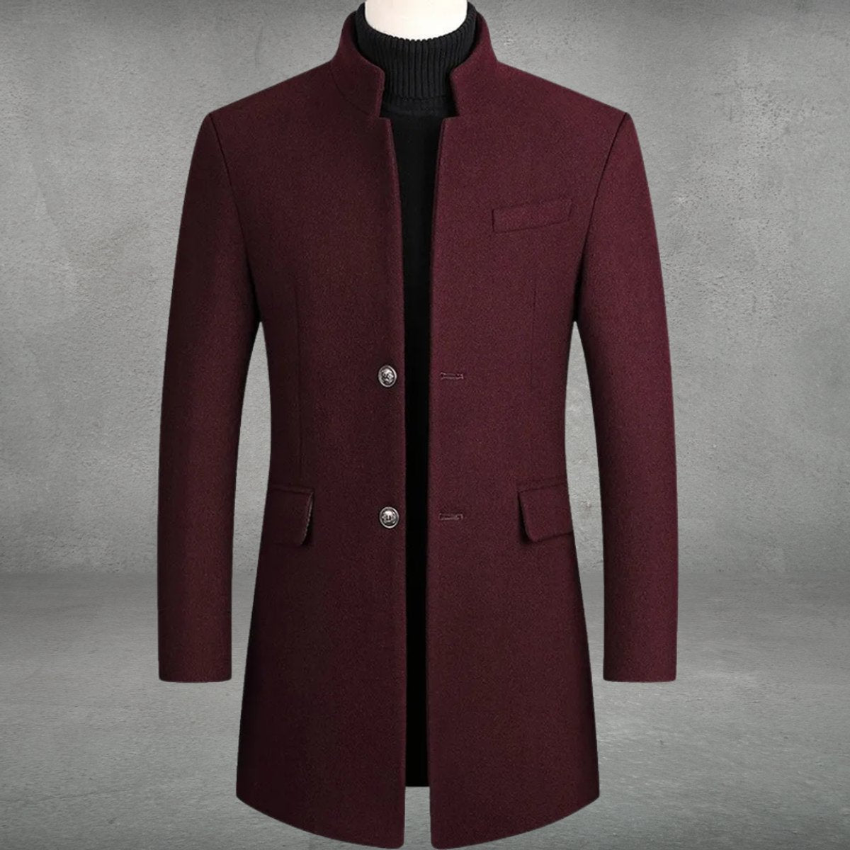 Manteau long col montant coupe ajustée bordeaux pour homme