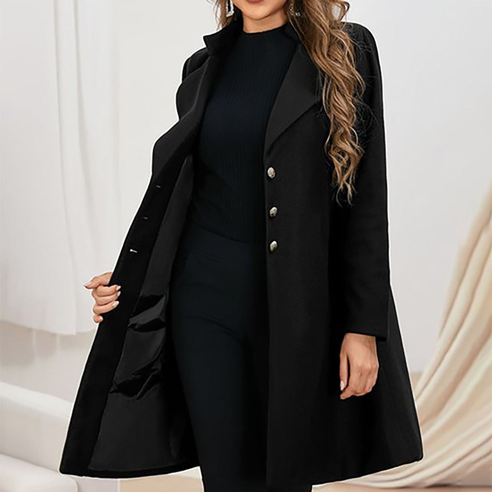 Manteau long col tailleur à boutons pour femme – vue 3