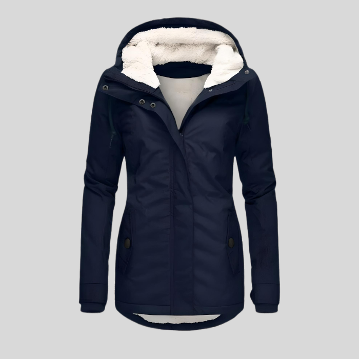 Manteau long imperméable à capuchon doublé bleu marine pour femme