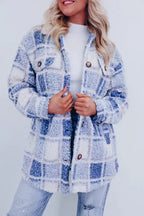 Manteau sherpa à carreaux pastel boutonné bleu pour femme