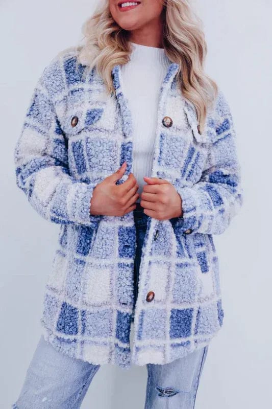 Manteau sherpa à carreaux pastel boutonné bleu pour femme