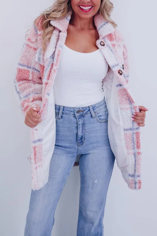 Manteau sherpa à carreaux pastel boutonné pour femme – vue 2