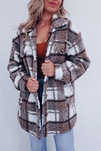 Manteau sherpa à carreaux pastel boutonné marron pour femme