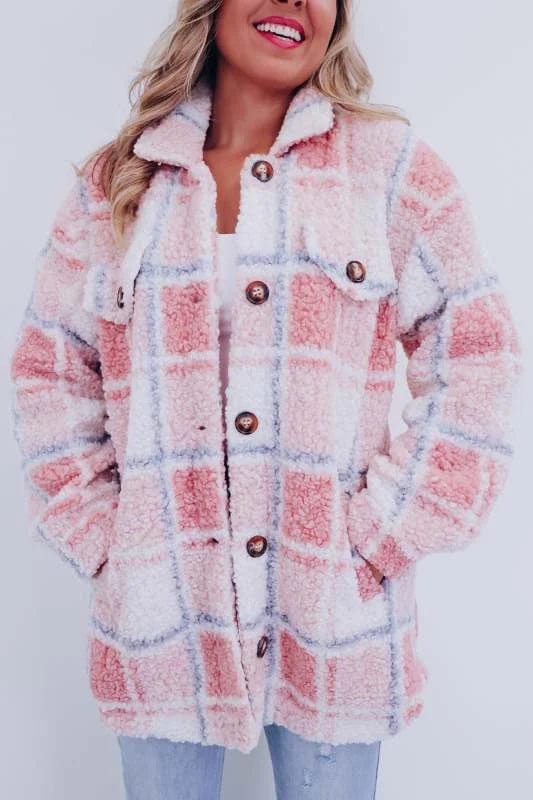 Manteau sherpa à carreaux pastel boutonné rose pour femme