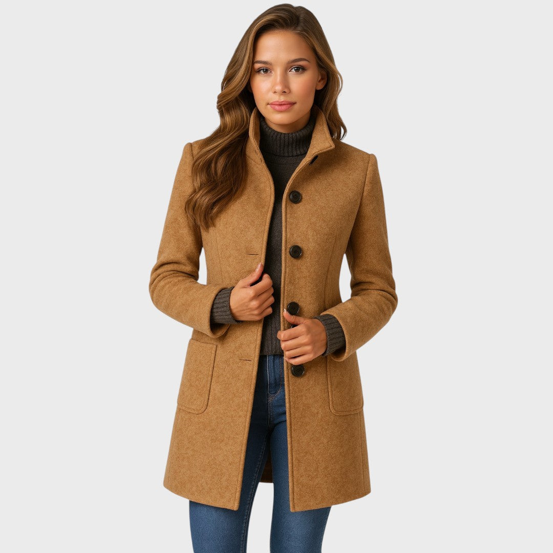 Manteau structuré col montant à boutons kaki pour femme