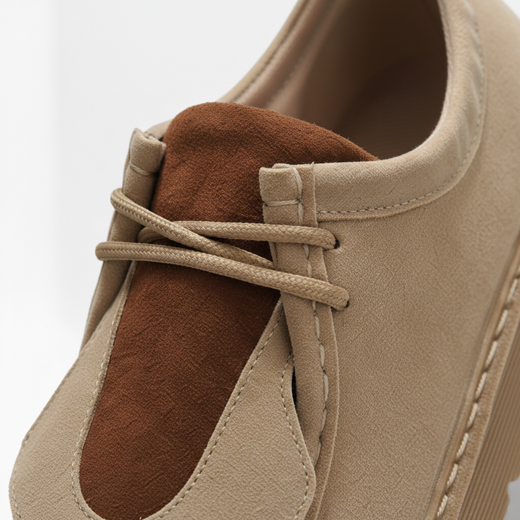 Détail texture micro-daim et couture des mocassins
