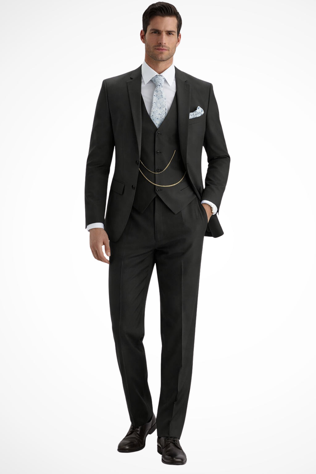 Homme portant costume trois pièces complet avec veste, gilet et pantalon ajustés
