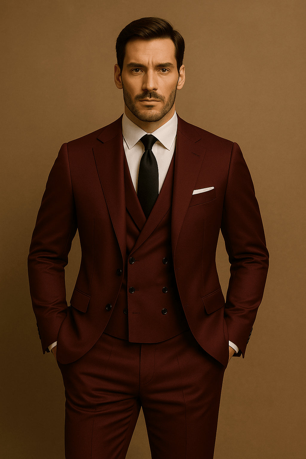 Costume trois pièces bordeaux complet avec blazer, gilet et pantalon