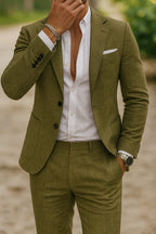 Veste de costume homme en lin vert olive, vue de face