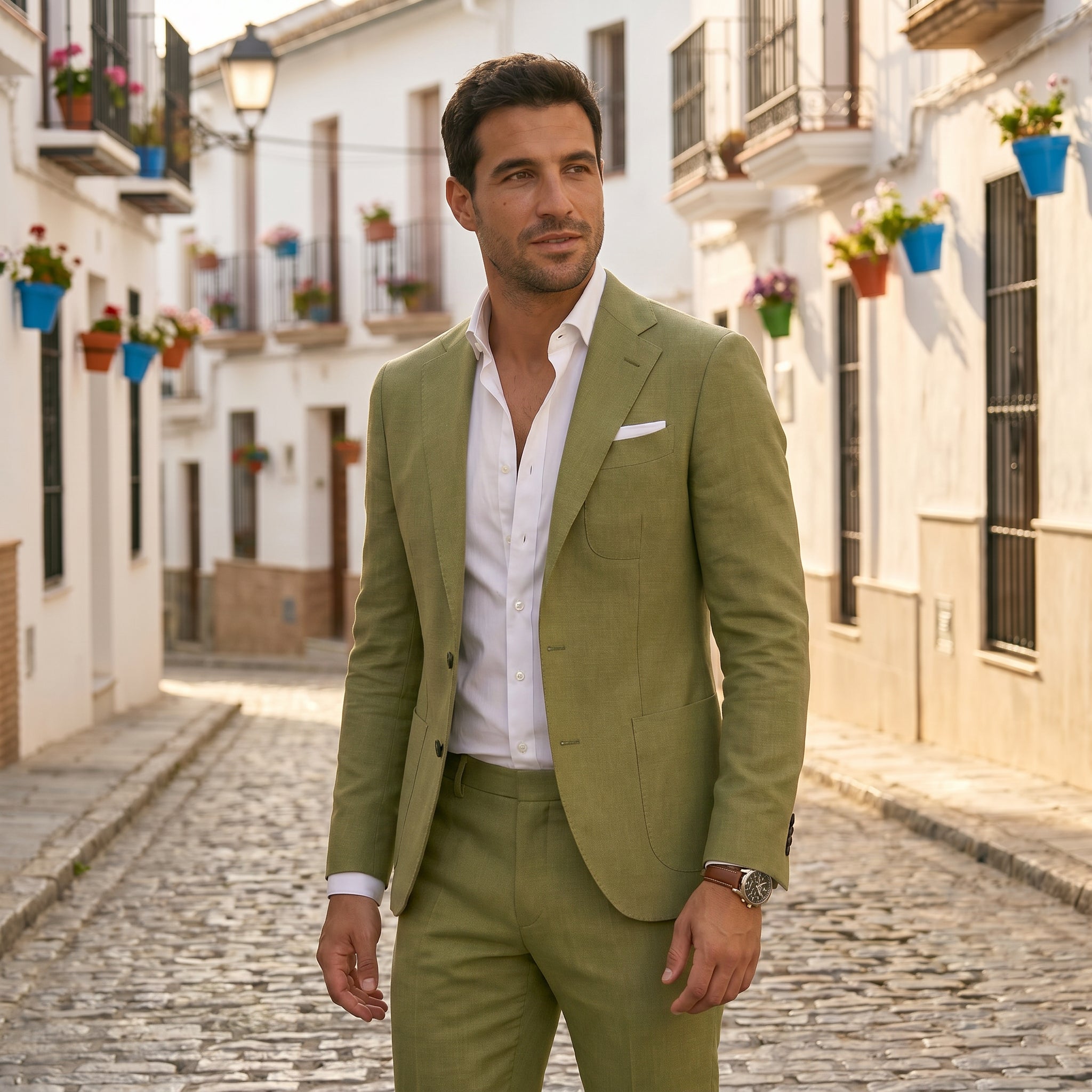 Homme portant un costume slim vert sauge avec blazer à revers cranté