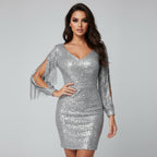 Mini robe paillettes à manches franges pour femme