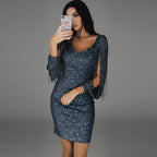 Mini robe paillettes à manches franges pour femme