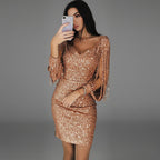 Mini robe paillettes à manches franges pour femme