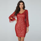 Mini robe paillettes à manches franges pour femme