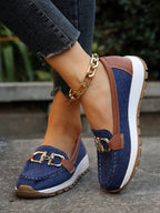 Mocassins compensés à boucle dorée bleu pour femme