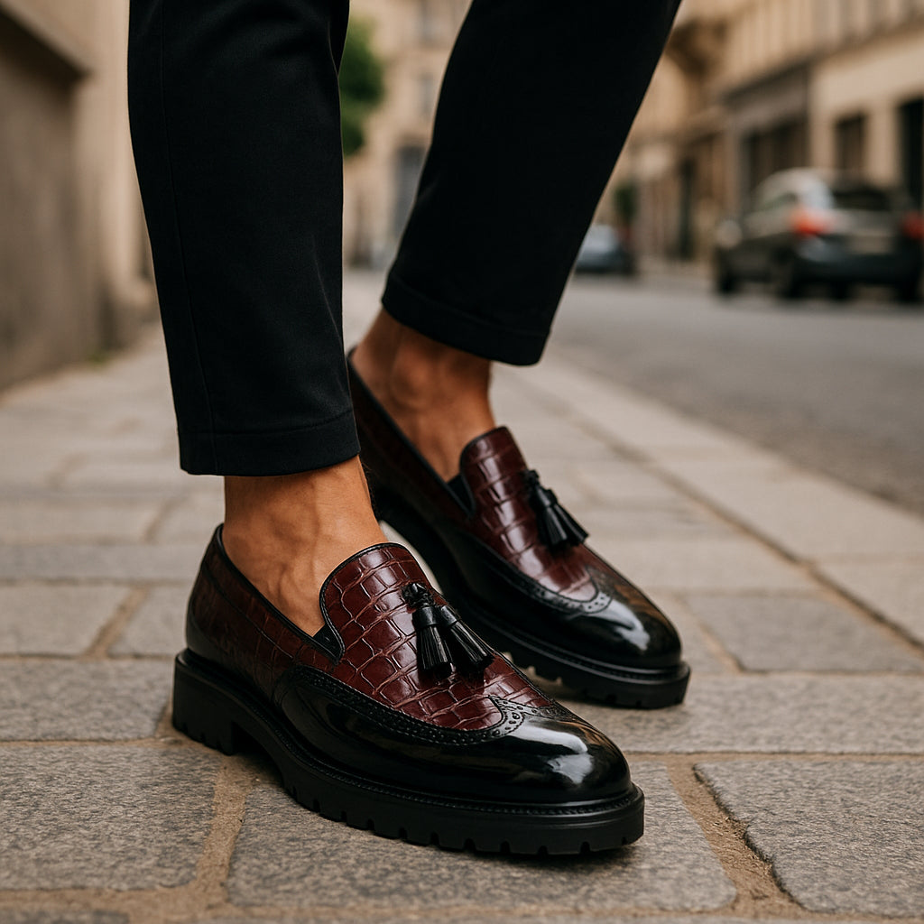 Mocassins effet croco à pompons pour homme