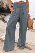 Pantalon large fluide taille smockée ash pour femme