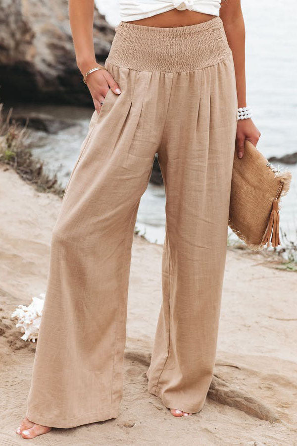 Pantalon large fluide taille smockée pour femme