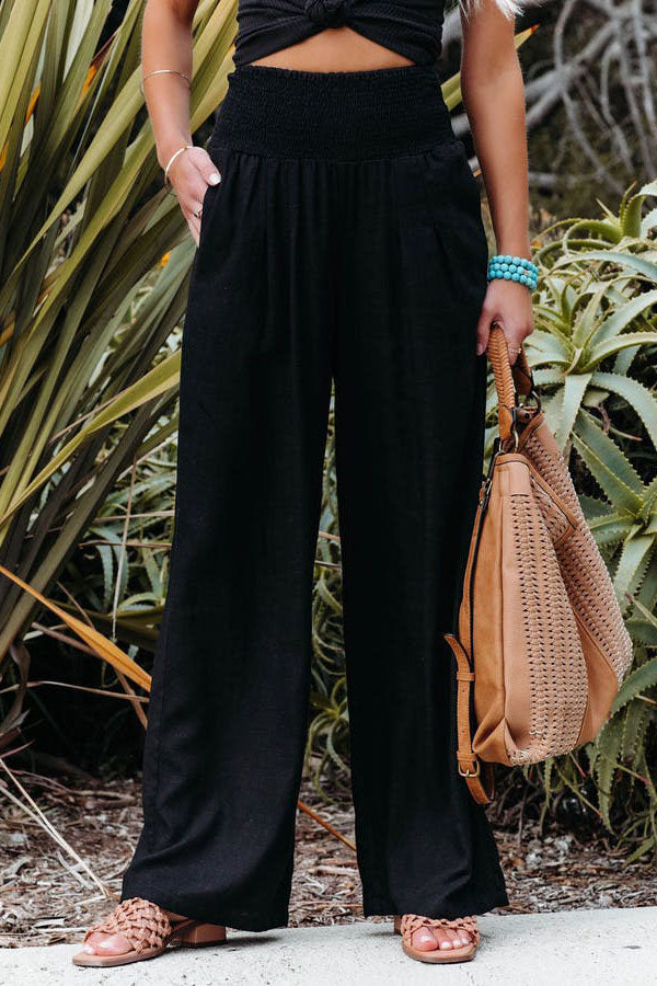 Pantalon large fluide taille smockée noir pour femme
