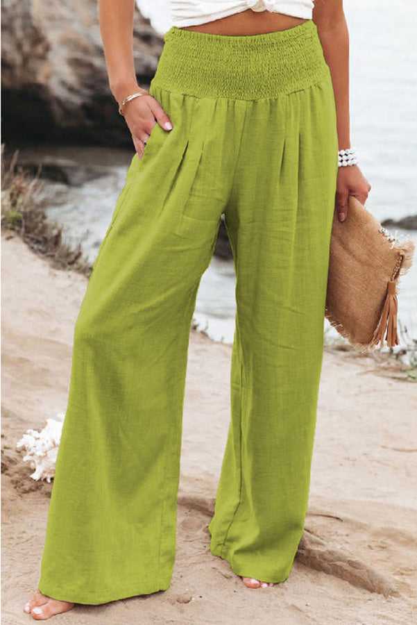 Pantalon large fluide taille smockée vert clair pour femme