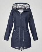 Parka imperméable à capuche avec cordons ajustables bleu marine pour femme