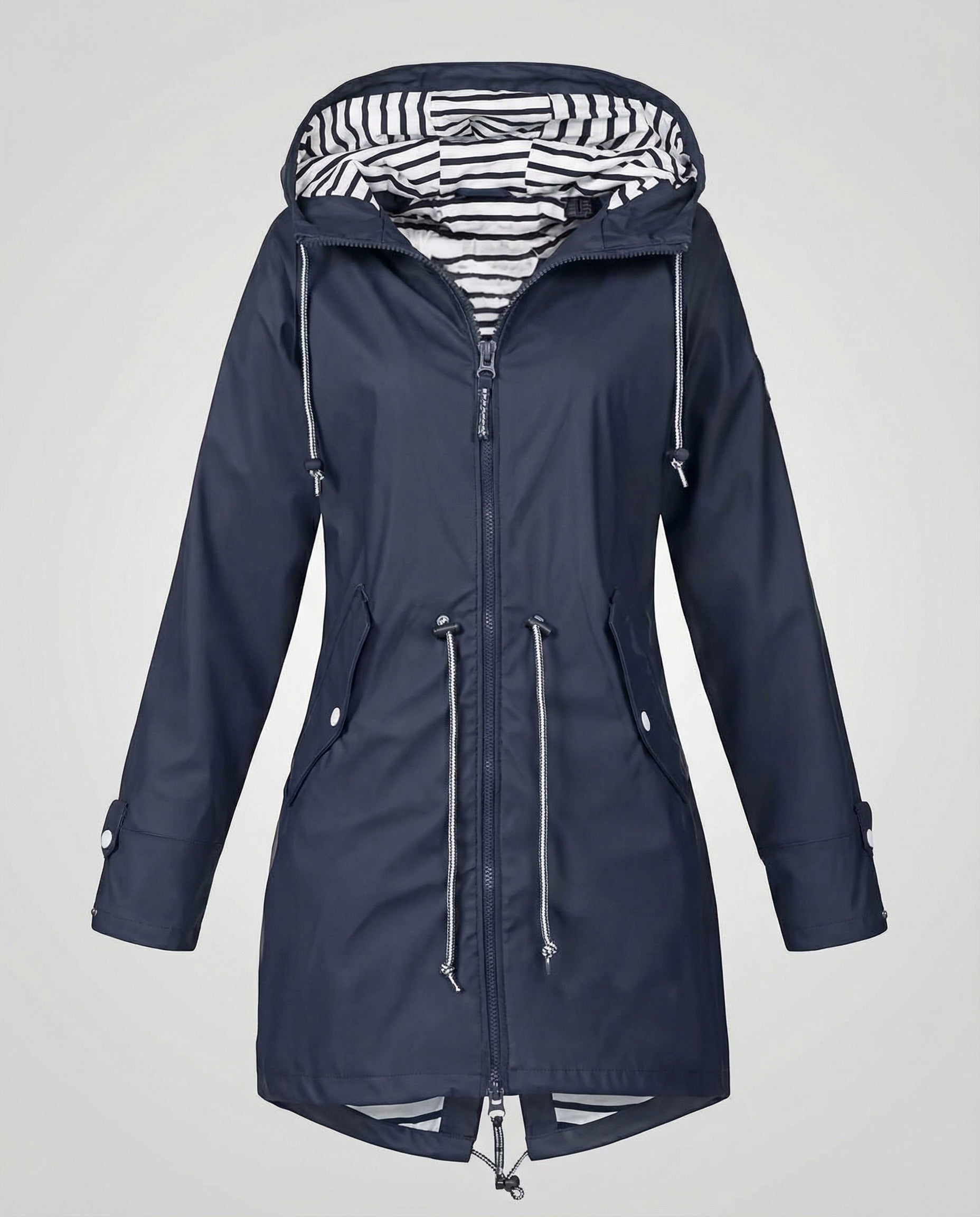 Parka imperméable à capuche avec cordons ajustables bleu marine pour femme