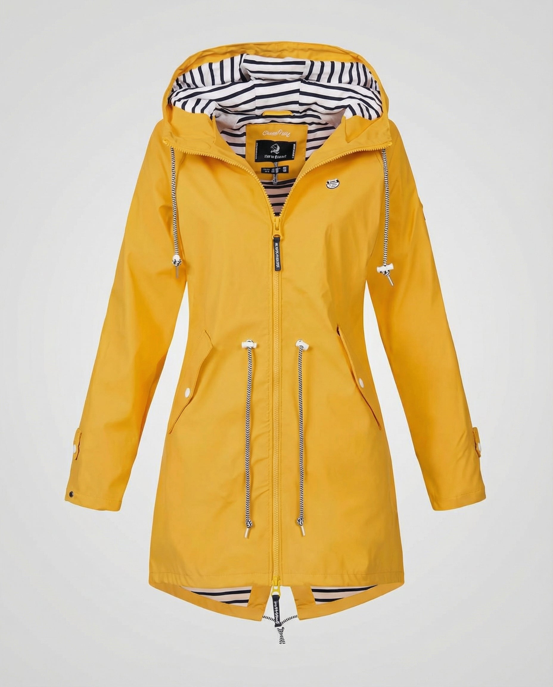 Parka imperméable à capuche avec cordons ajustables moutarde jaune pour femme