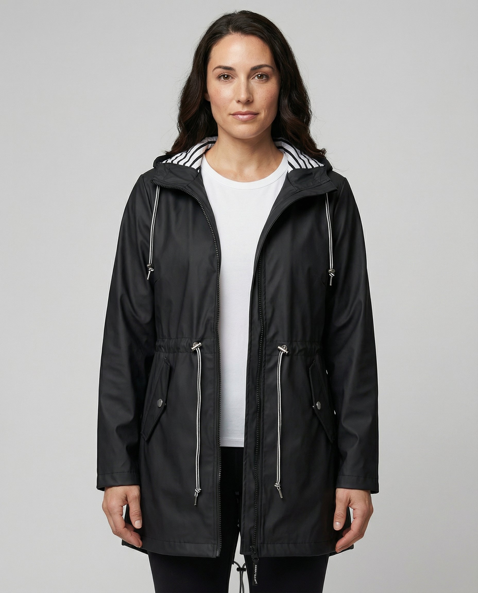 Parka imperméable à capuche avec cordons ajustables noir pour femme