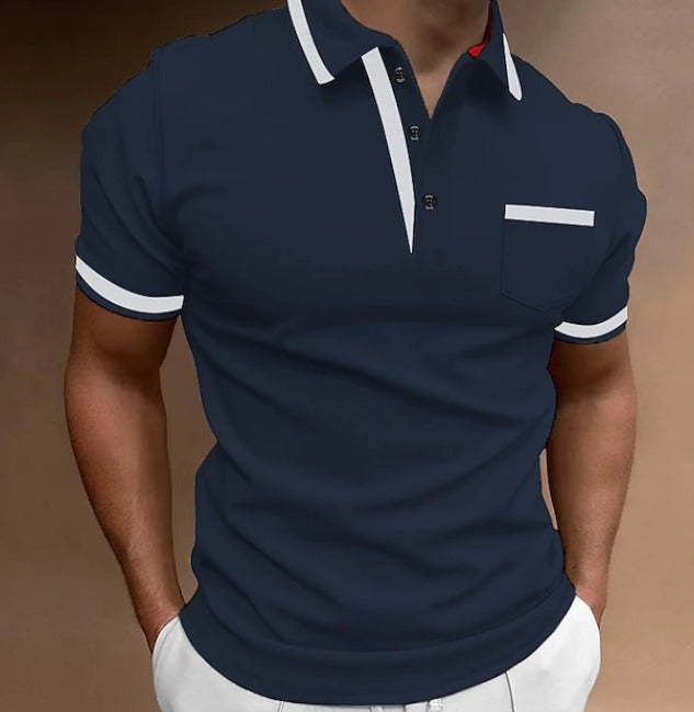 Polo blanc avec détails noirs et poche poitrine bleu foncé pour homme