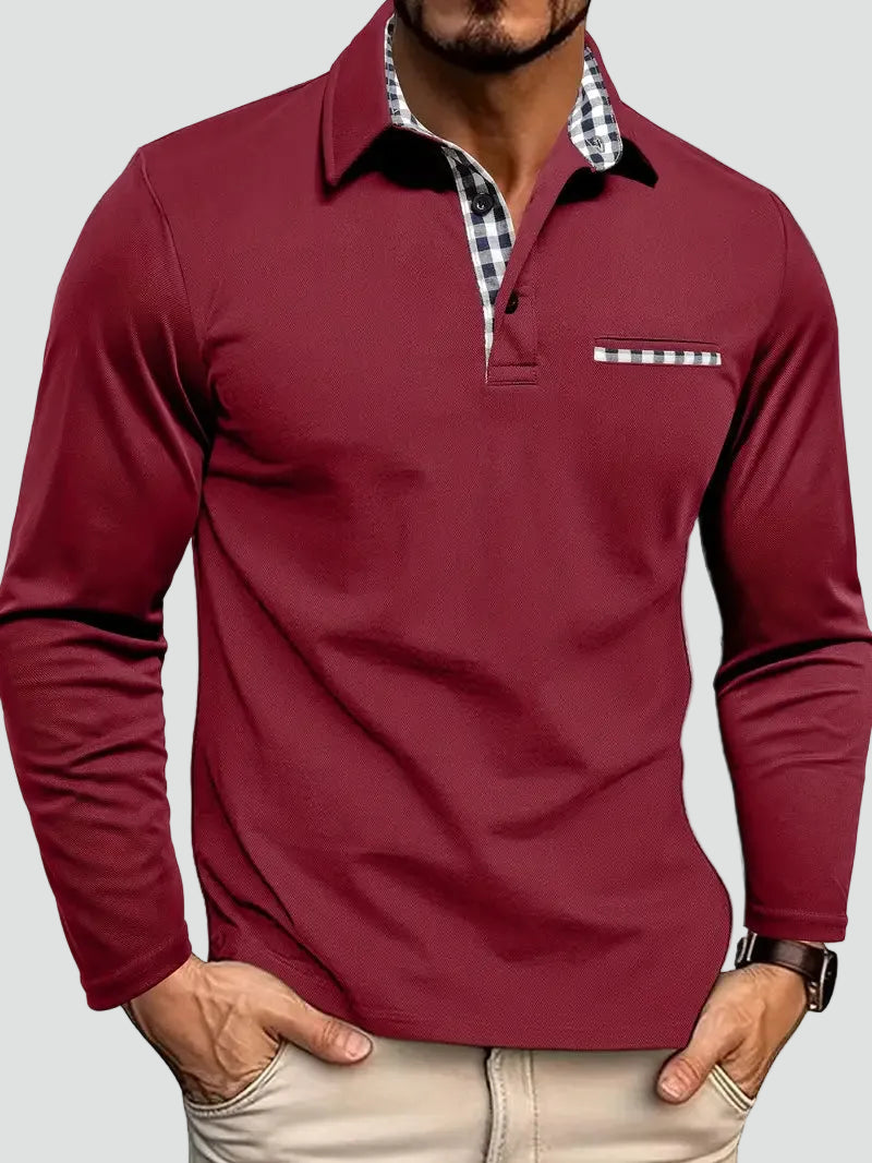 Polo manches longues détails vichy pour homme