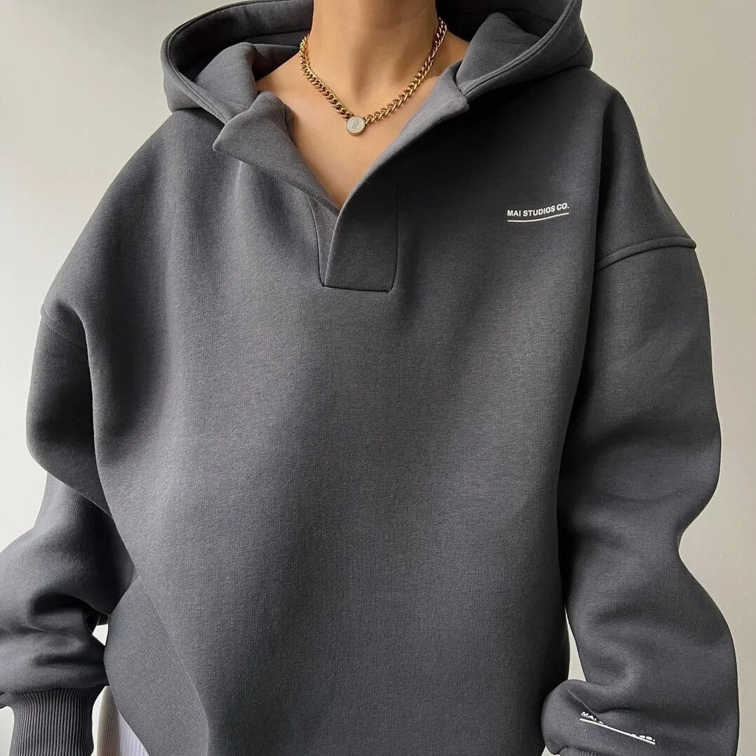 Pull oversize à capuche col polo gris pour femme