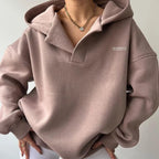 Pull oversize à capuche col polo rose pour femme