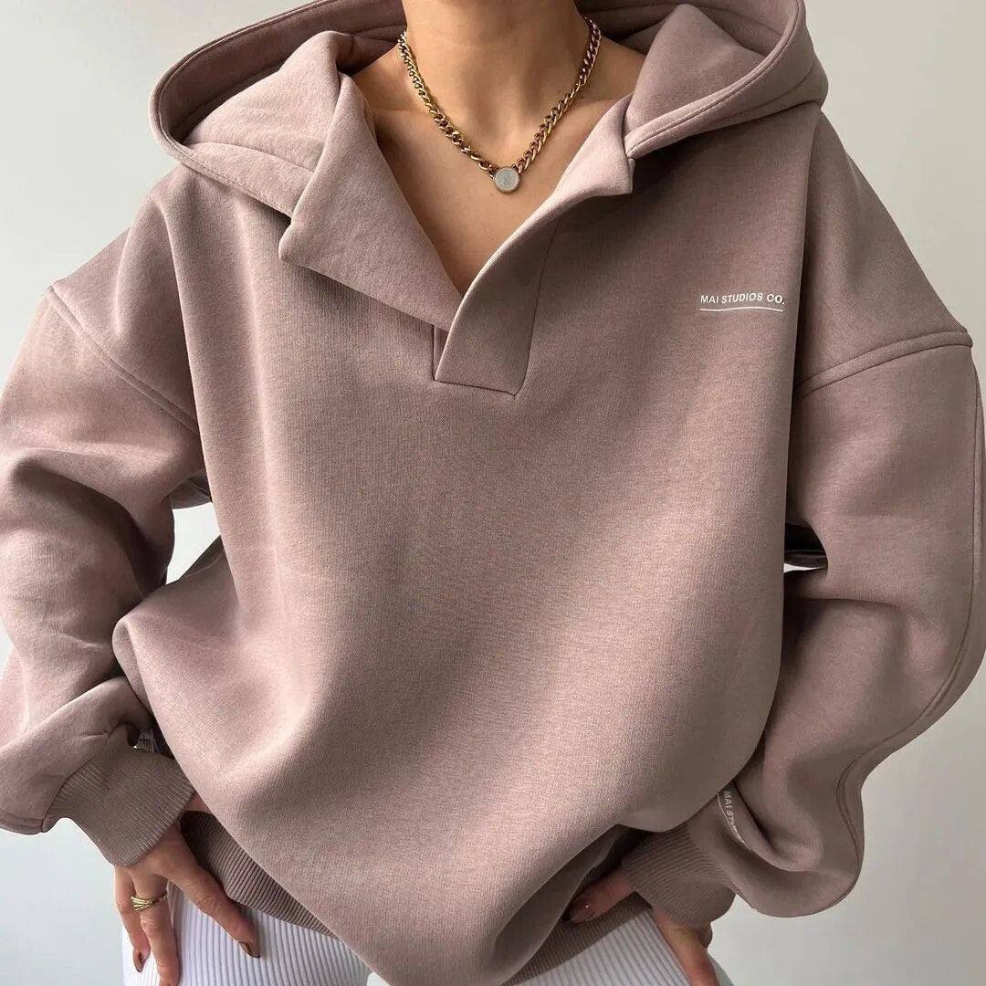 Pull oversize à capuche col polo rose pour femme