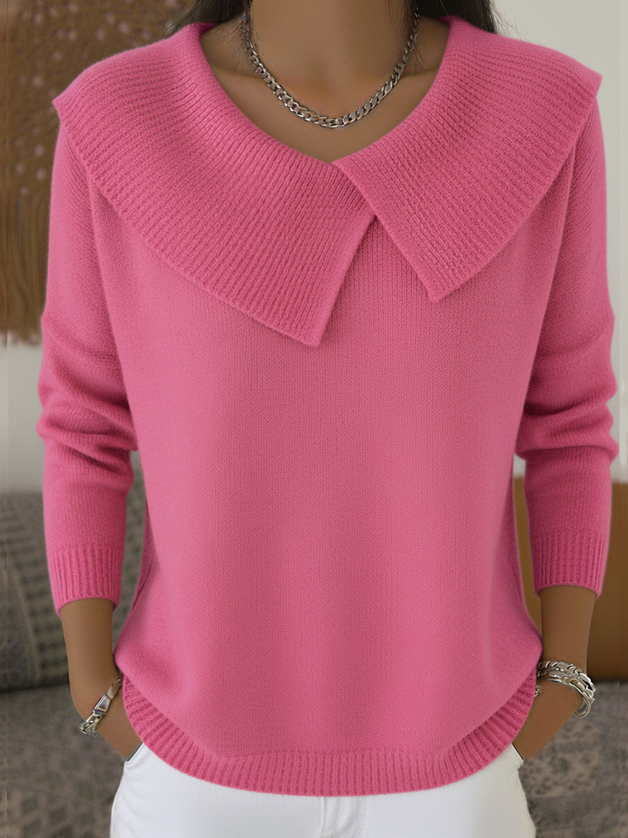 Pull col à revers détail croisé rose pour femme