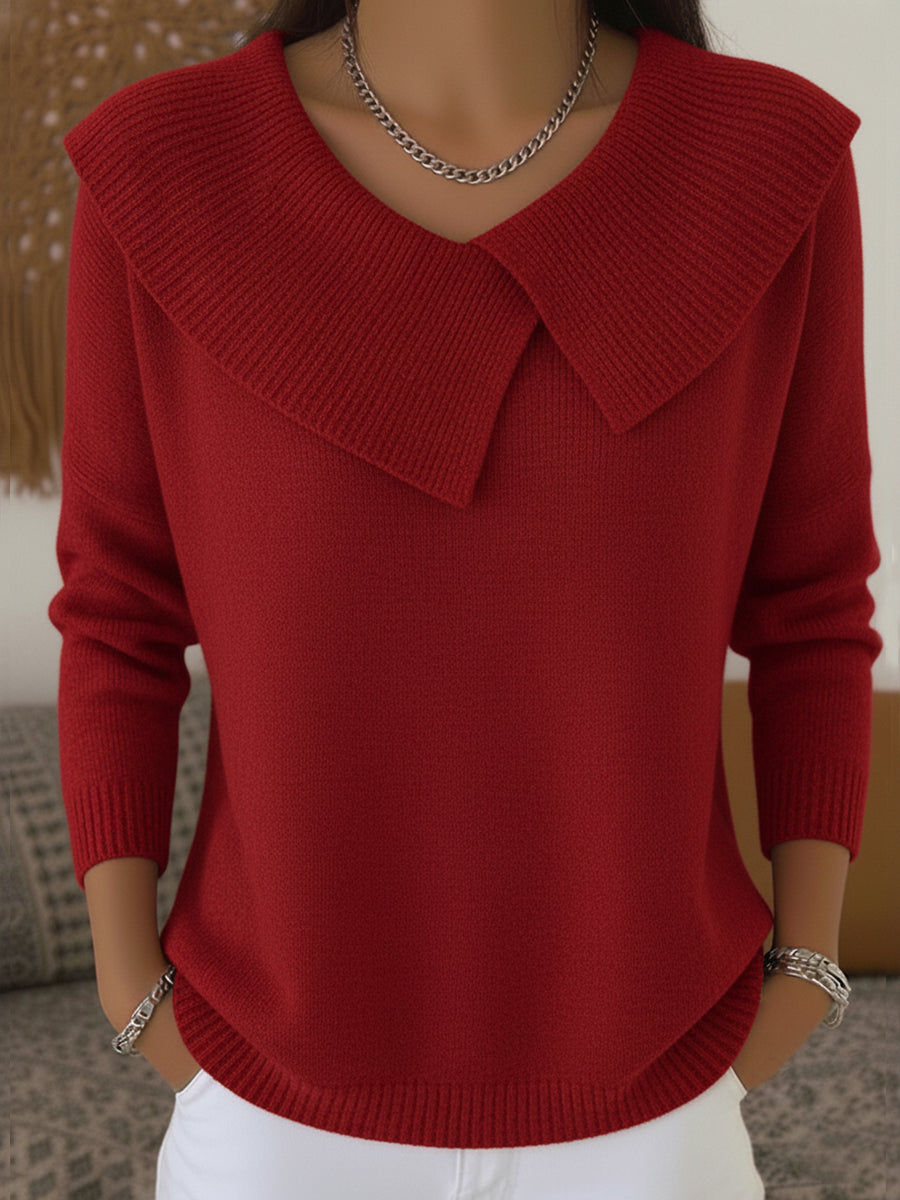 Pull col à revers détail croisé rouge pour femme