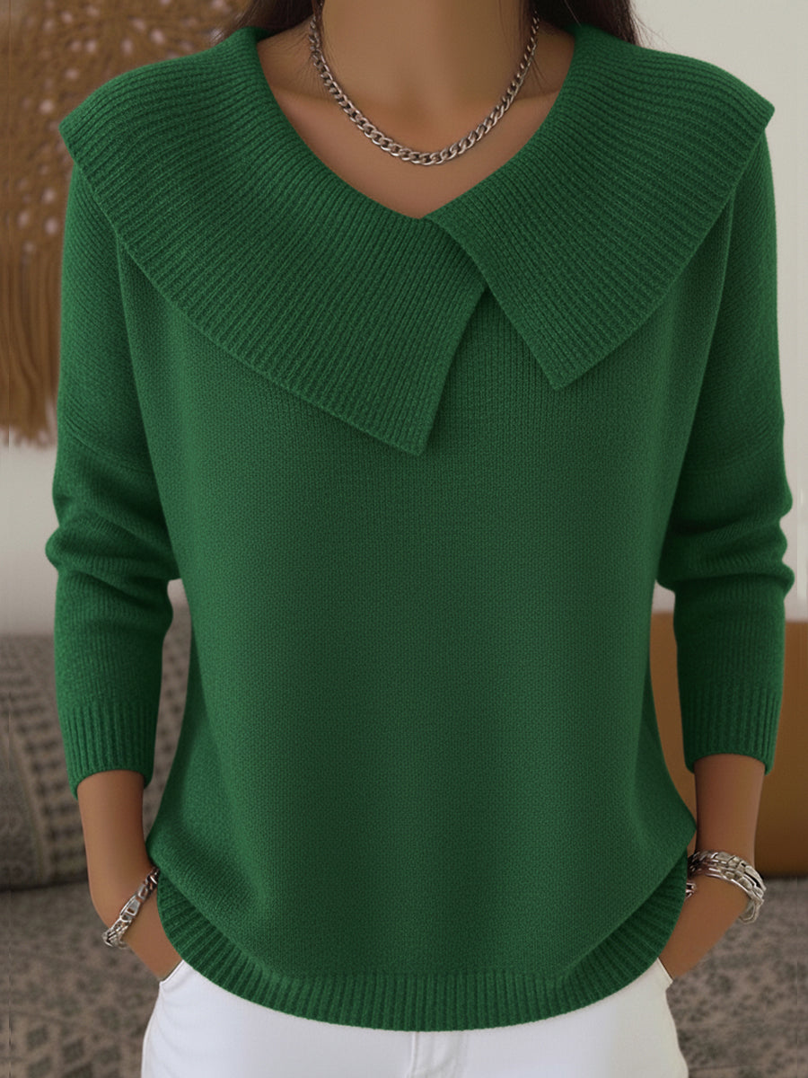 Pull col à revers détail croisé vert pour femme