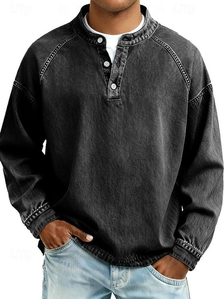 Pull col boutonné effet délavé vintage noir pour homme