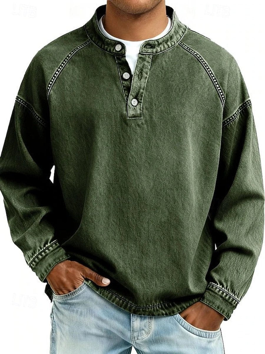 Pull col boutonné effet délavé vintage vert foncé pour homme