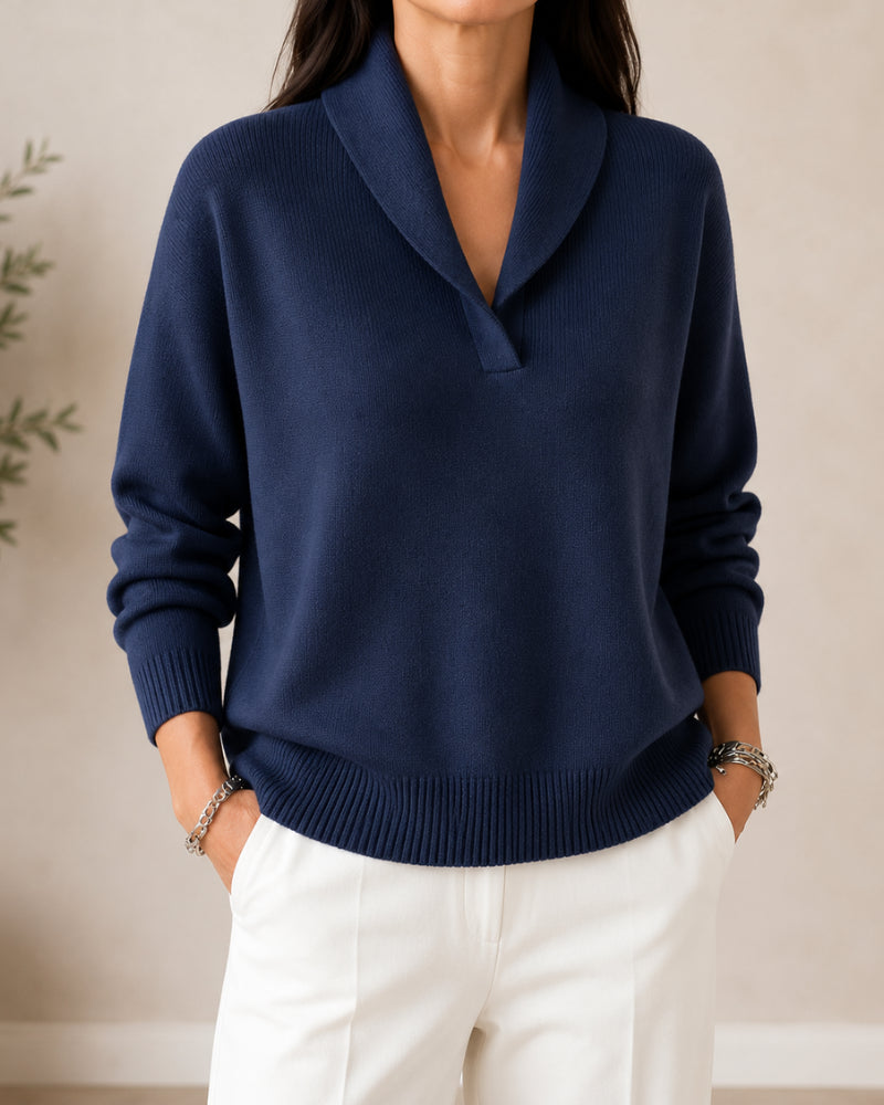 Pull col châle encolure V bleu marine pour femme