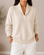 Pull col châle encolure V crème pour femme