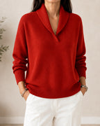 Pull col châle encolure V rouge pour femme