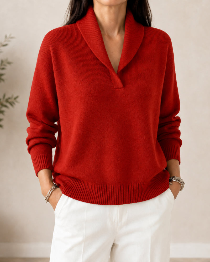 Pull col châle encolure V rouge pour femme