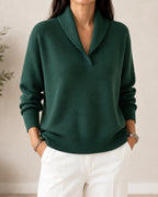 Pull col châle encolure V vert pour femme
