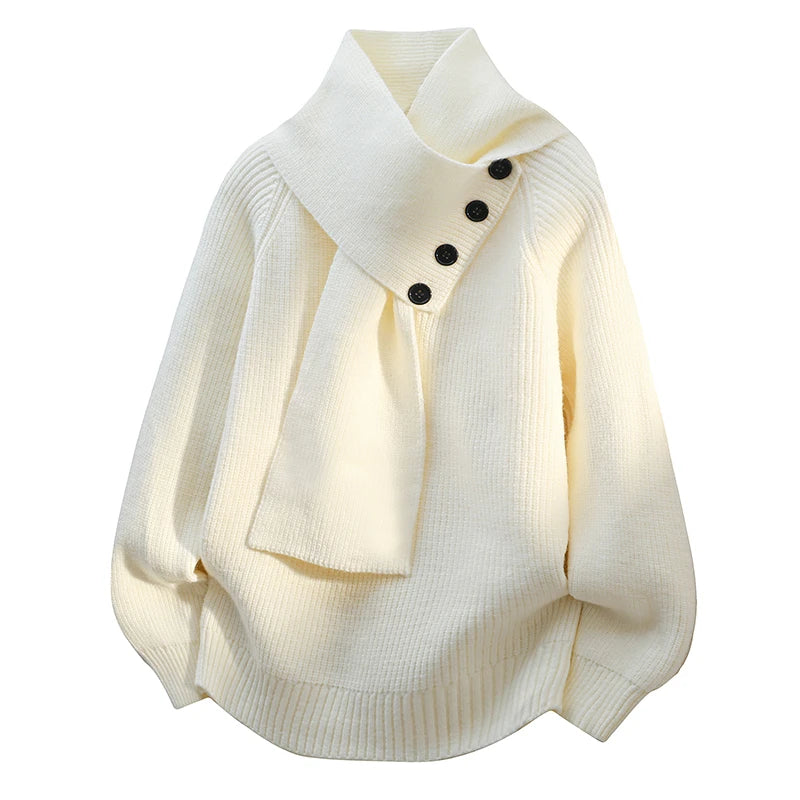 Pull col châle asymétrique à boutons blanc pour femme