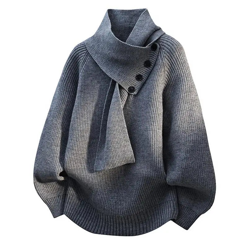 Pull col châle asymétrique à boutons gris pour femme