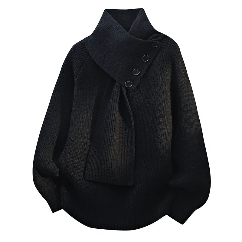 Pull col châle asymétrique à boutons noir pour femme