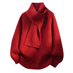 Pull col châle asymétrique à boutons rouge pour femme