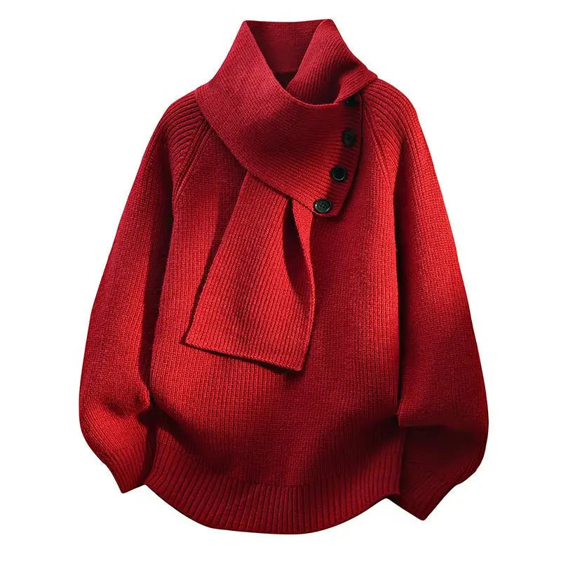 Pull col châle asymétrique à boutons rouge pour femme