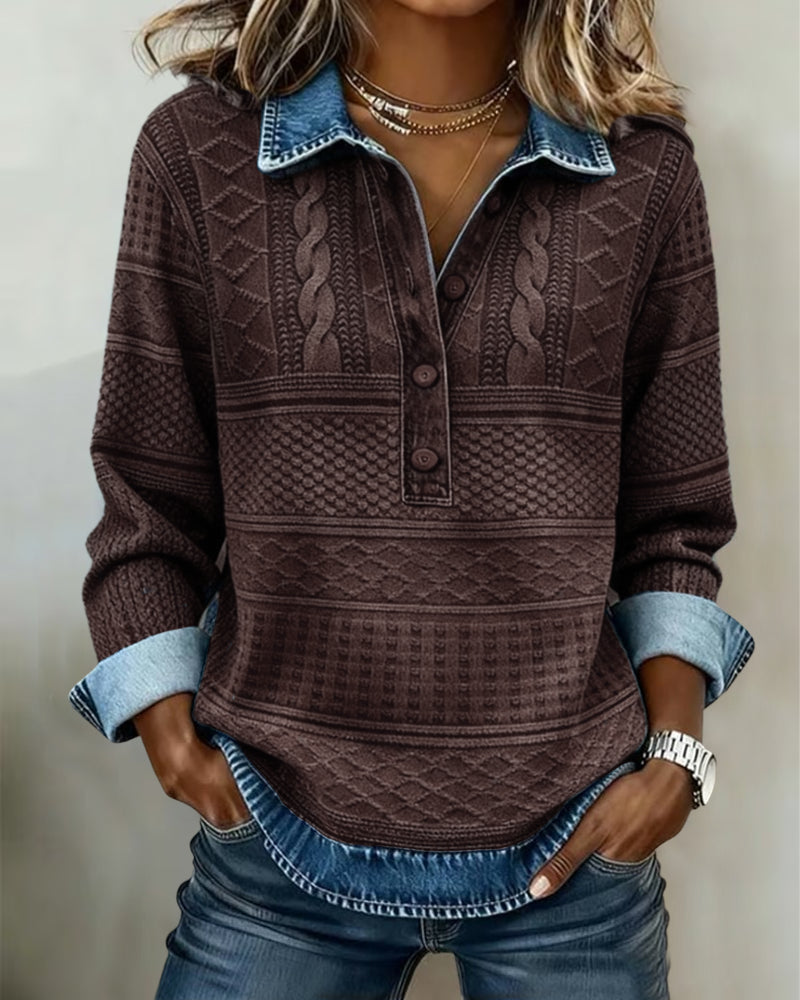 Pull col chemise demi-boutonné motif texturé marron pour femme