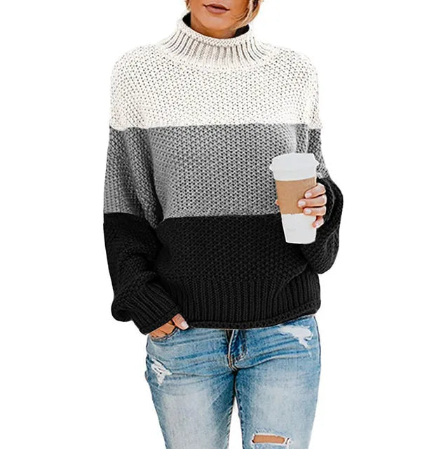 Pull col montant à bandes tricolores noir pour femme